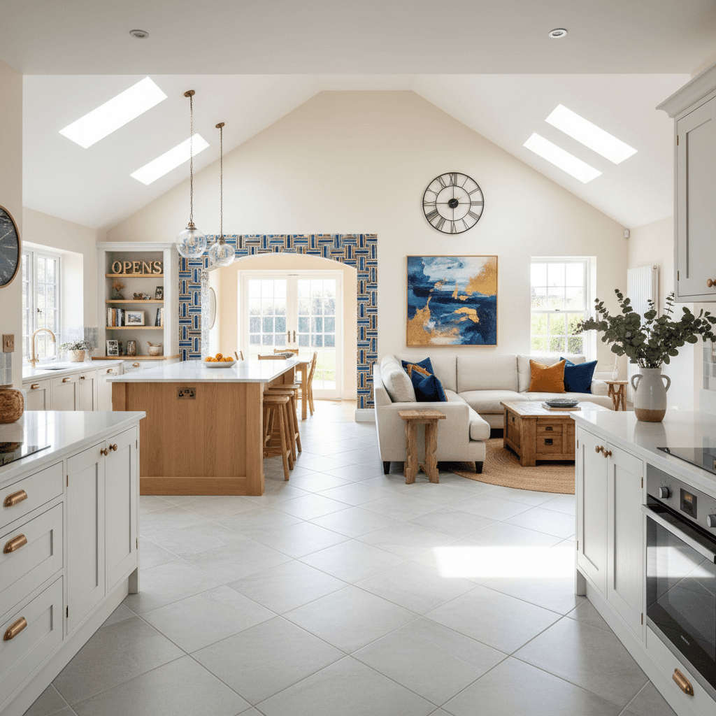 Open-concept kitchen and living space renovation with modern tile flooring