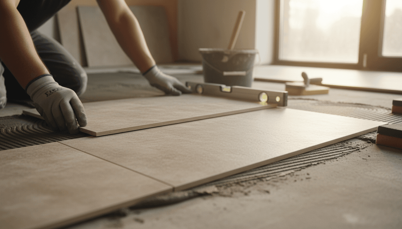 Skilled tile installer laying modern flooring with precision and care