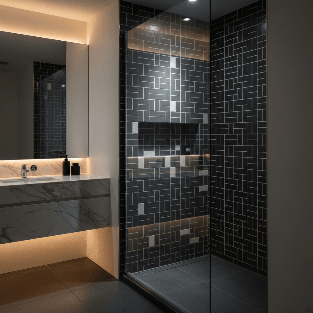 Luxury bathroom with custom tile shower and frameless glass enclosure