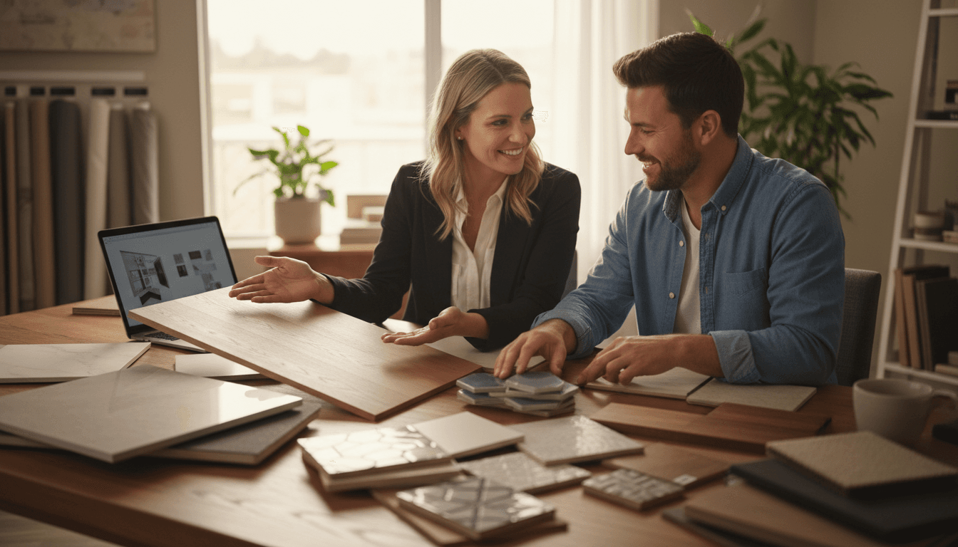 Design consultation with tile and flooring samples