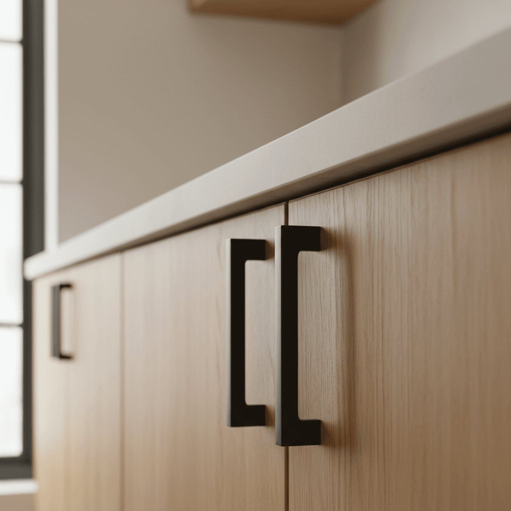 Close-up of premium matte black cabinet handle on natural oak kitchen cabinetry, showcasing minimalist contemporary design details