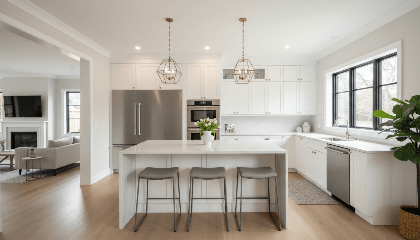 Newly renovated modern kitchen with white cabinetry, stainless steel appliances, quartz countertops, and natural lighting throughout
