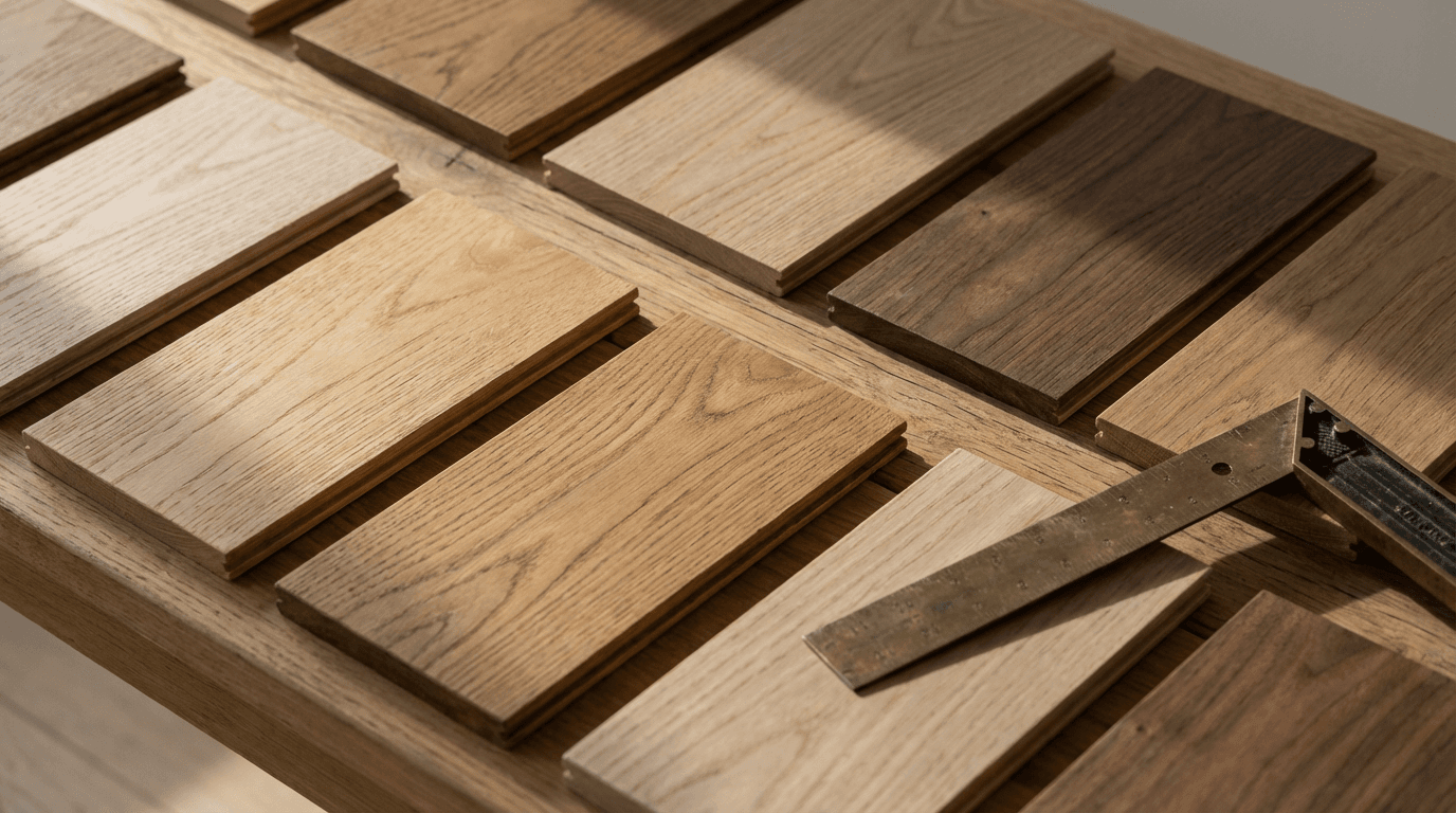 Overhead view of stained wood flooring samples with measuring tool, shadows gradually shifting across grain patterns.