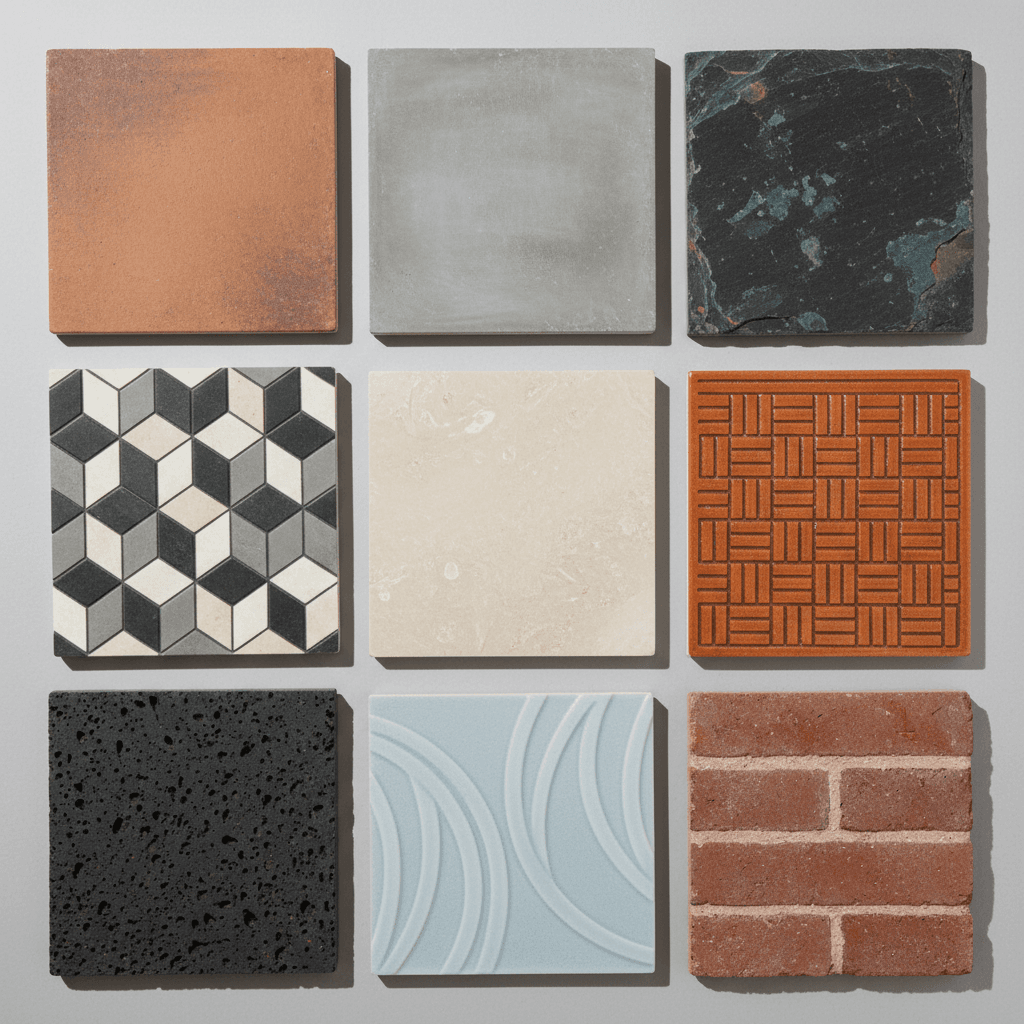 Overhead view of assorted decorative paving tiles in various colors and textures arranged in organized grid pattern with natural lighting