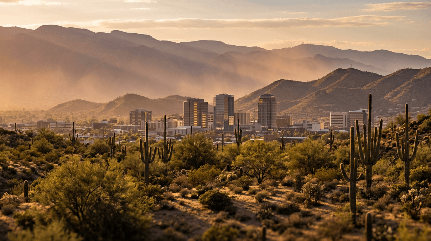 Desert landscape with saguaro cacti, distant mountains, and Tucson skyline bathed in golden hour light