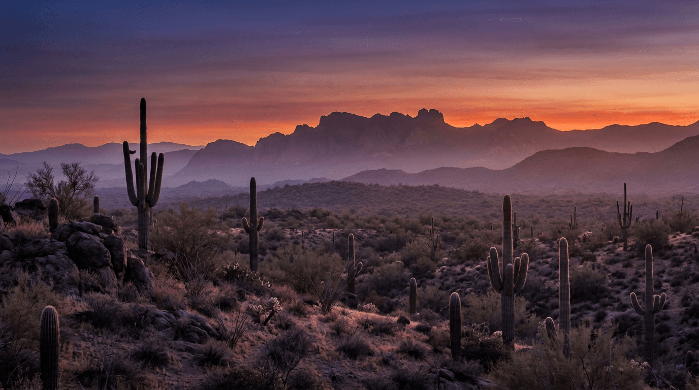 Arizona desert landscape at twilight showing silhouetted saguaro cacti against purple and orange gradient sky with distant mountain ridgeline.