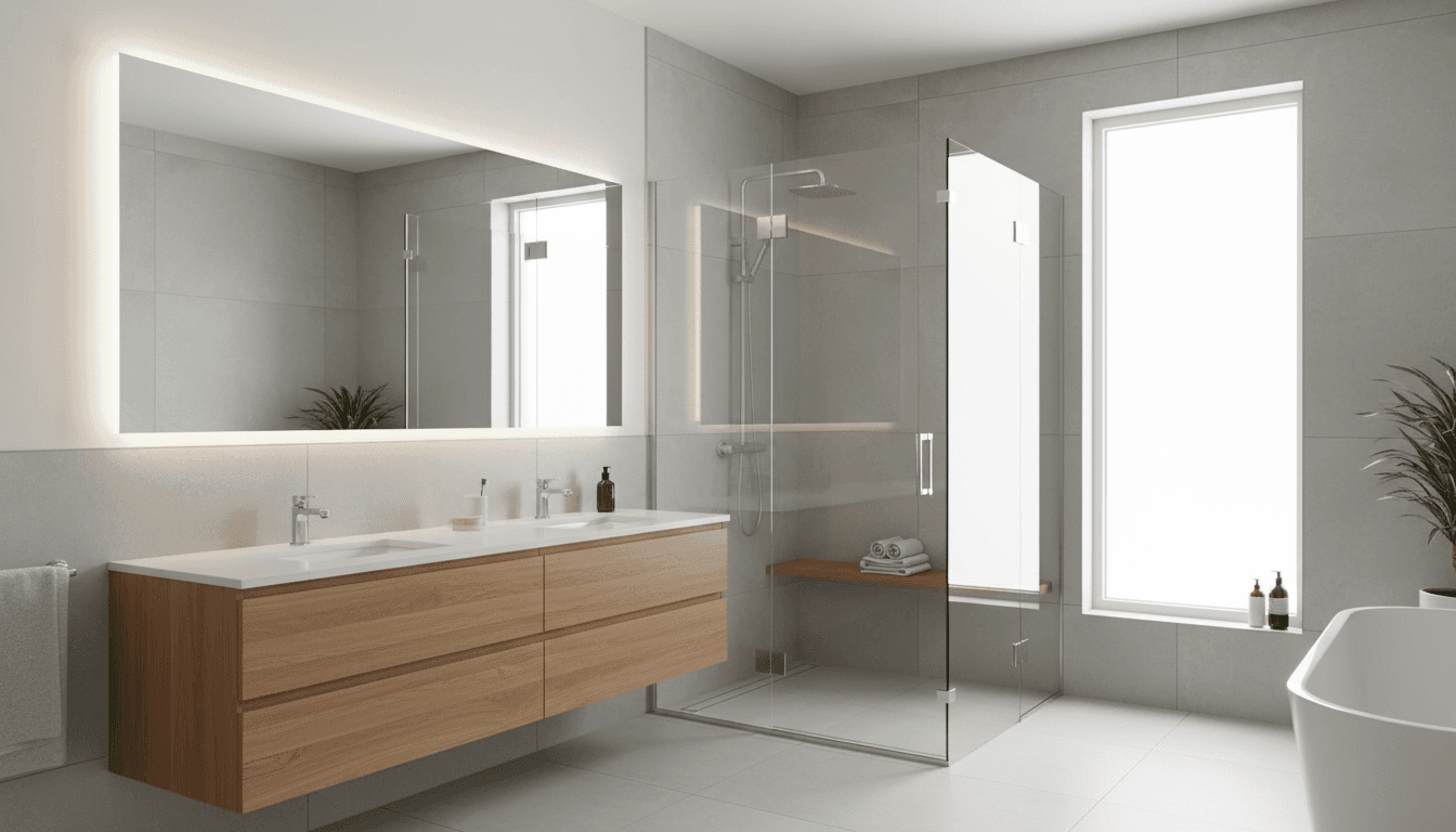 Contemporary luxury bathroom with frameless glass shower enclosure, LED-lit custom mirror, and minimalist aluminum fixtures