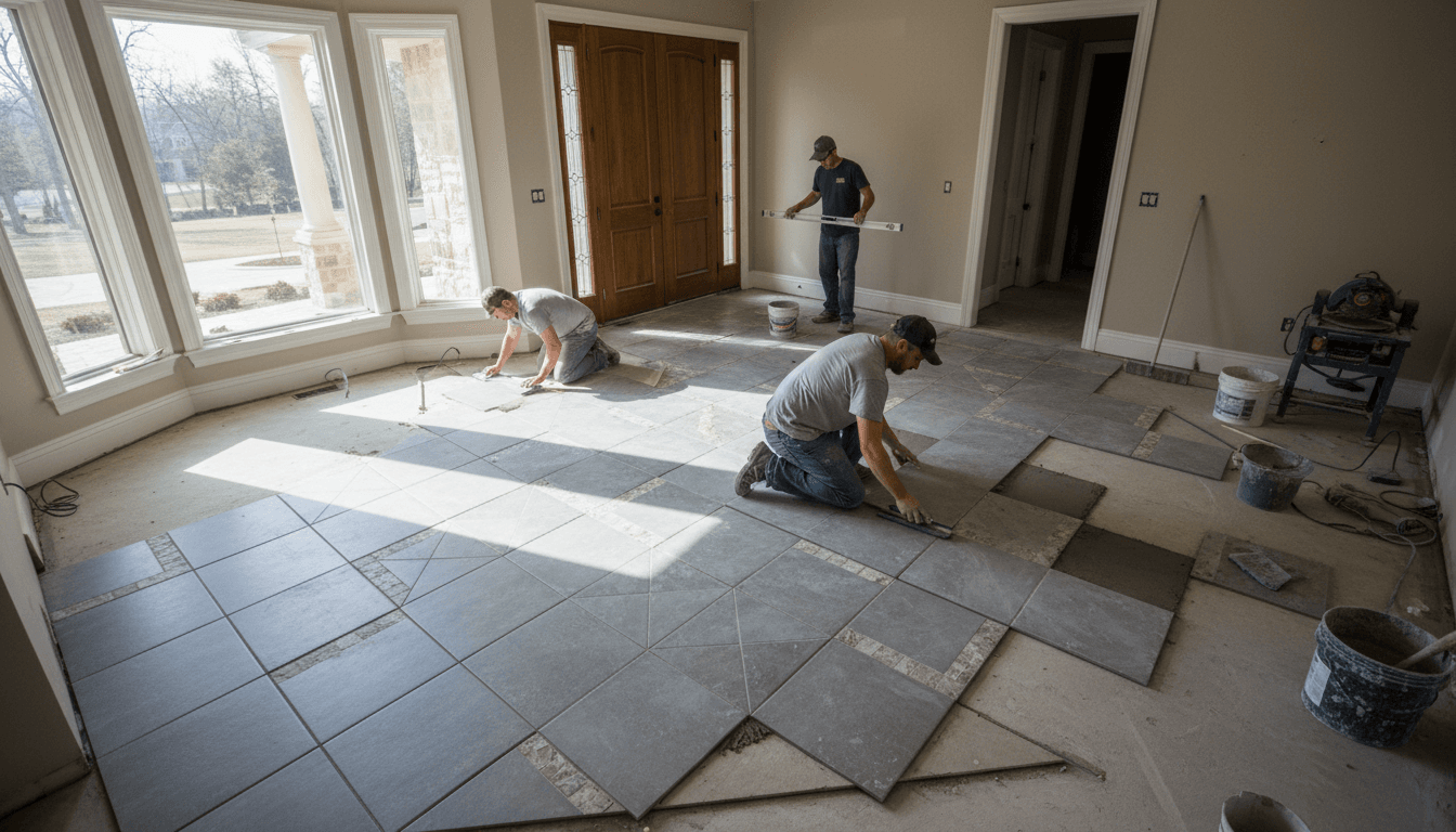 Professional tile installation team completing geometric floor pattern in residential entryway with multiple workers collaborating