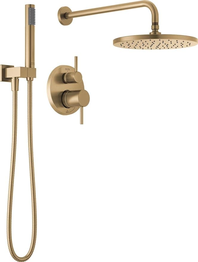 Brushed gold shower set featuring a rain head, handheld sprayer, and wall-mounted control valve.