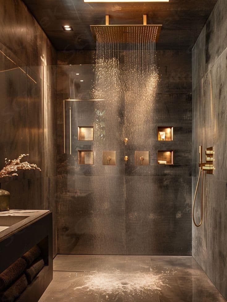 Luxurious dark stone shower featuring a large gold rainfall showerhead and warm ambient lighting.